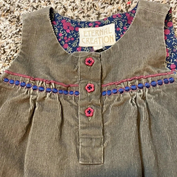 Eternal Creation Green Corduroy Dress Ruffled Peplum Bottom & Embroidered Detail - Picture 4 of 7